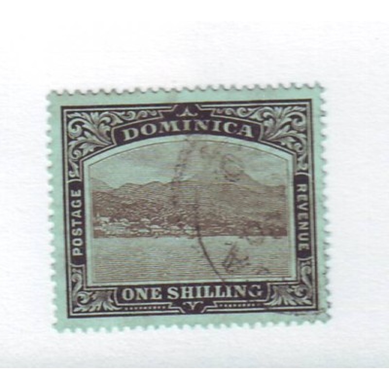 Dominica Sc 44 1910 1 shilling green on black view of Roseau stamp used
