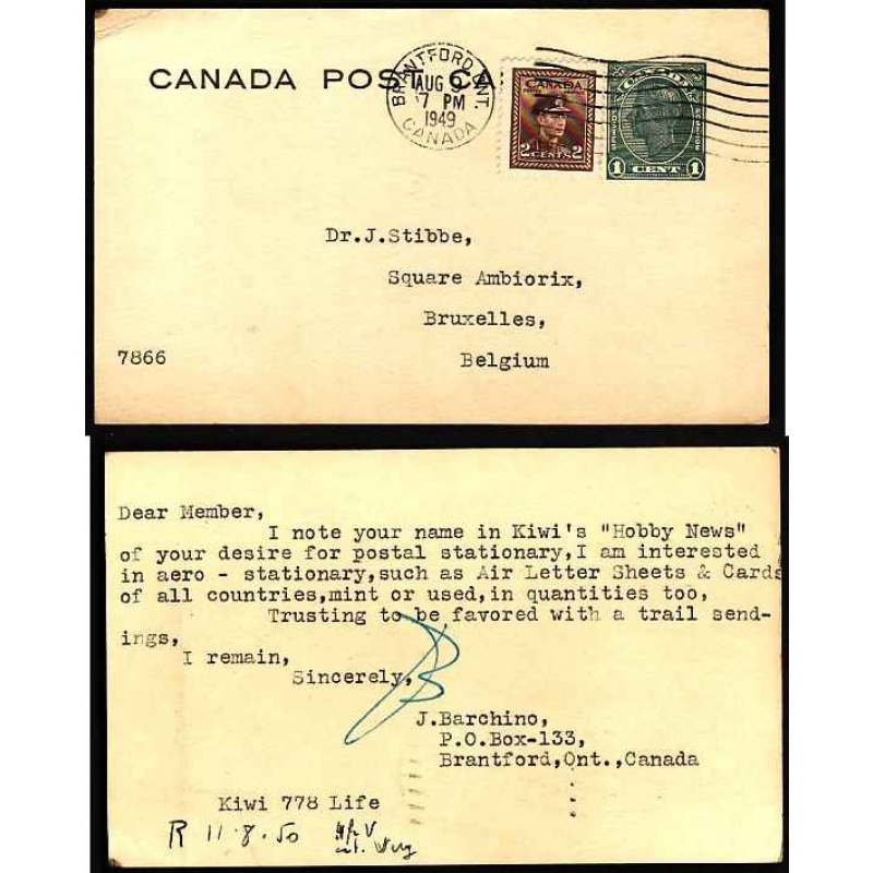 Canada-#10816 - 2c KGVI war uprating a 1c KGVI postal stationery-3c UPU postcard