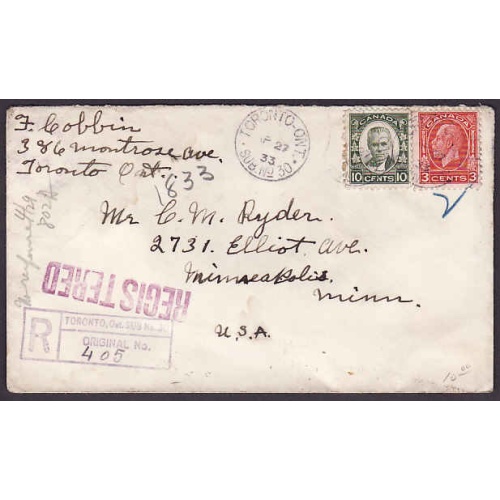 Canada-#10872 - 3c KGV medallion + 10c Cartier registered to USA - York County -