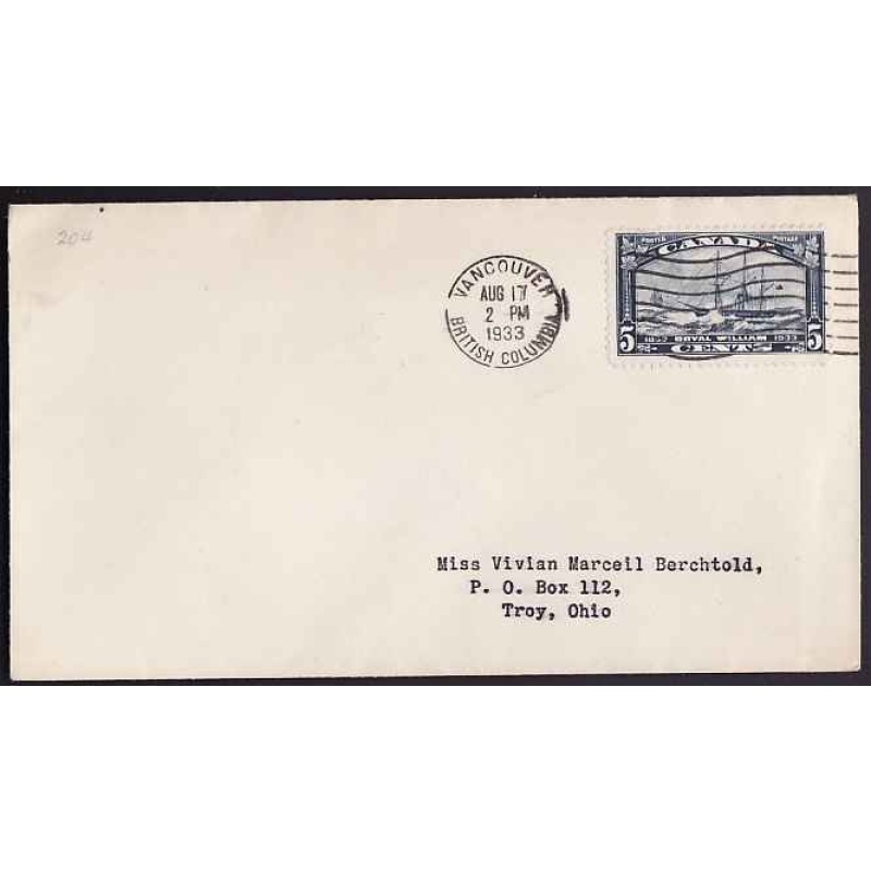 Canada-#10942 - 5c Royal William on FDC [#204] - Vancouver, BC - Aug 17 1933 -