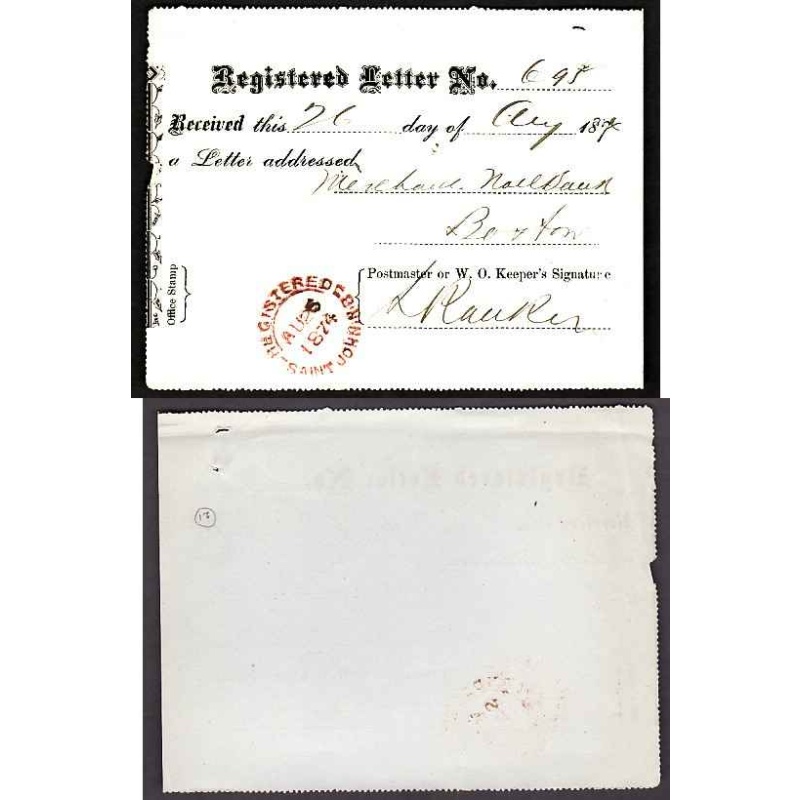 Canada-#11013 -Registered letter receipt-Saint John, NB - Au 26 1874 -