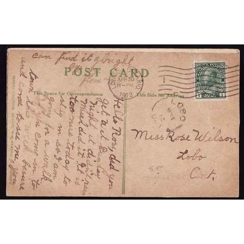 Canada-#11109 - 1c Admiral on p/c- Middlesex County - Lobo, Ont single broken