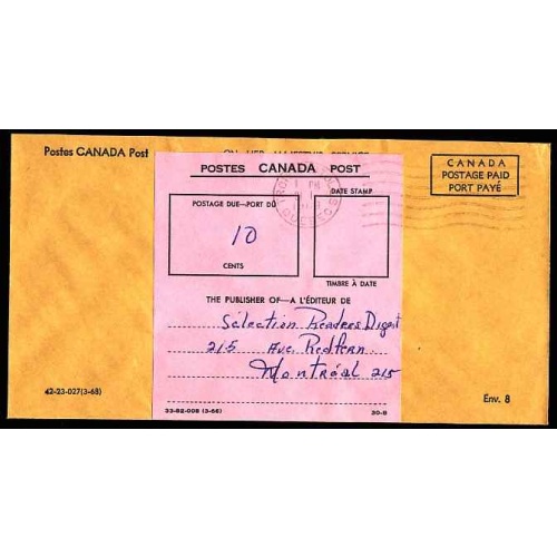 Canada-#11085 - Canada Postage Paid envelope with postage due label [ 33-82