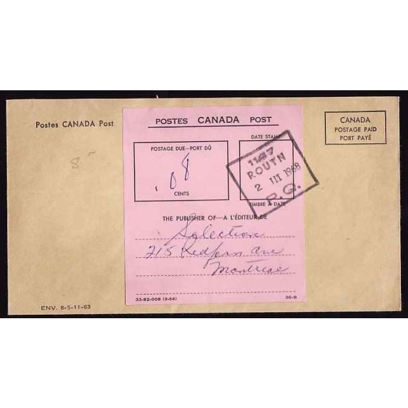 Canada-#11110 - "Canada Postage Paid" envelope with postage due label [ 33-82-