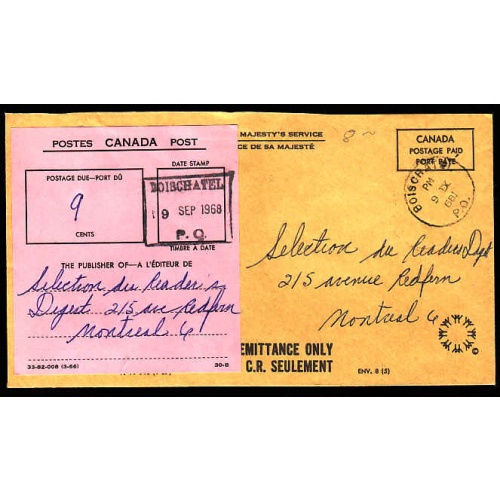 Canada-#11084 - Canada Postage Paid envelope with postage due label [ 33-82