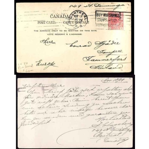 Canada-#11201 - 2c Admiral Canada p/c to Finland - Montreal, PQ - Nov 19 1919