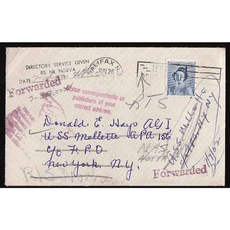 Canada-#11187 - 4c Princess Elizabeth on cover to "USS Mellette APA 156" and for