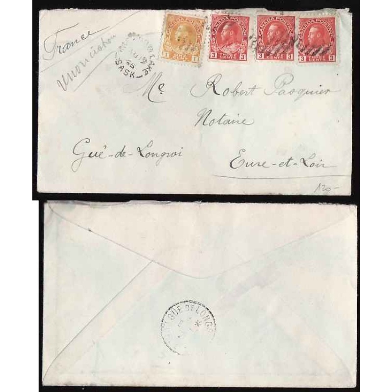 Canada-#11227 - 1c +3c(3) Admirals to France - Meadow Lake, Sask - Au 19 1925 -