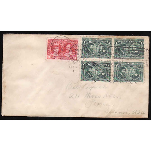 Canada-#11194 - 1c(4) block + 2c Tercentenaries [ used out of period ] to USA -