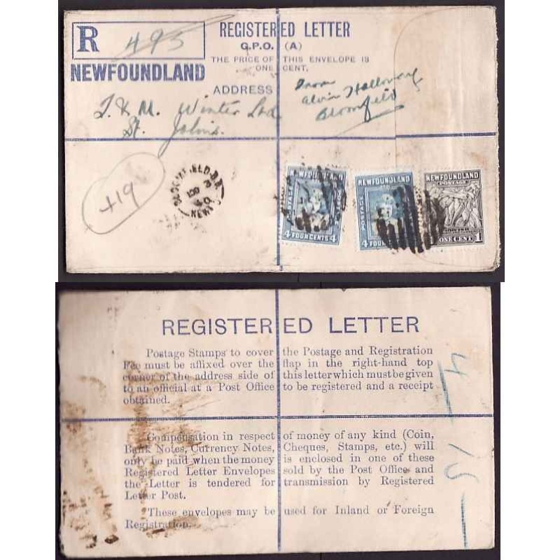 Newfoundland-#11256 - 1c Cod + 4c(2) Princess Elizabeth on registered envelope with r