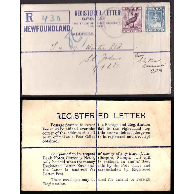 Newfoundland-#11277 - 5c Caribou + 4c Princess Elizabeth on registered envelope with