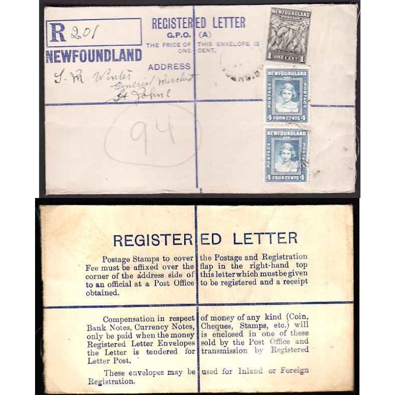 Newfoundland-#11260 - 1c Cod + 4c(2) Princess Elizabeth on registered envelope with r