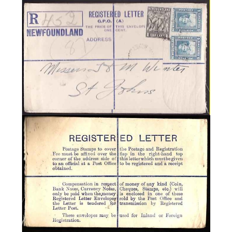 Newfoundland-#11262 - 1c Cod + 4c(2) Princess Elizabeth on registered envelope with