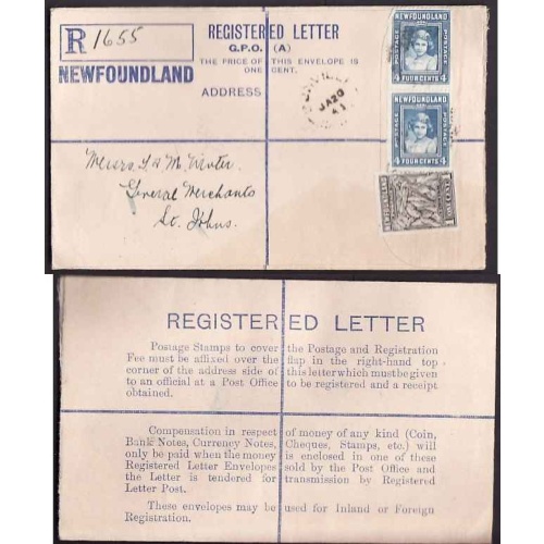 Newfoundland-#11264 - 1c Cod + 4c(2) Princess Elizabeth on registered envelope with r