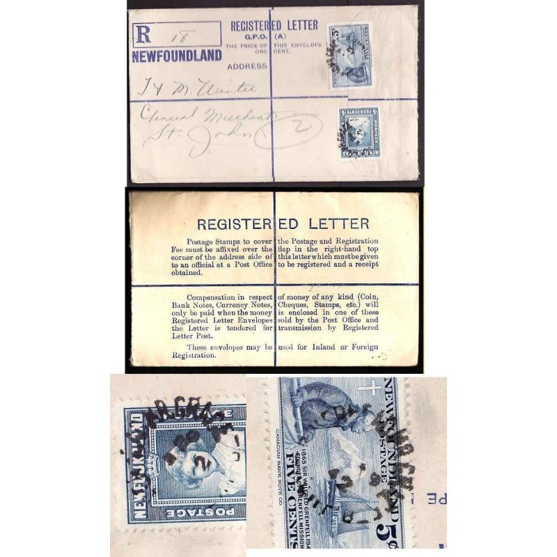 Newfoundland-#11268 - 5c Grenfell+4c Princess Elizabeth-reg'd envelope-rounded flap