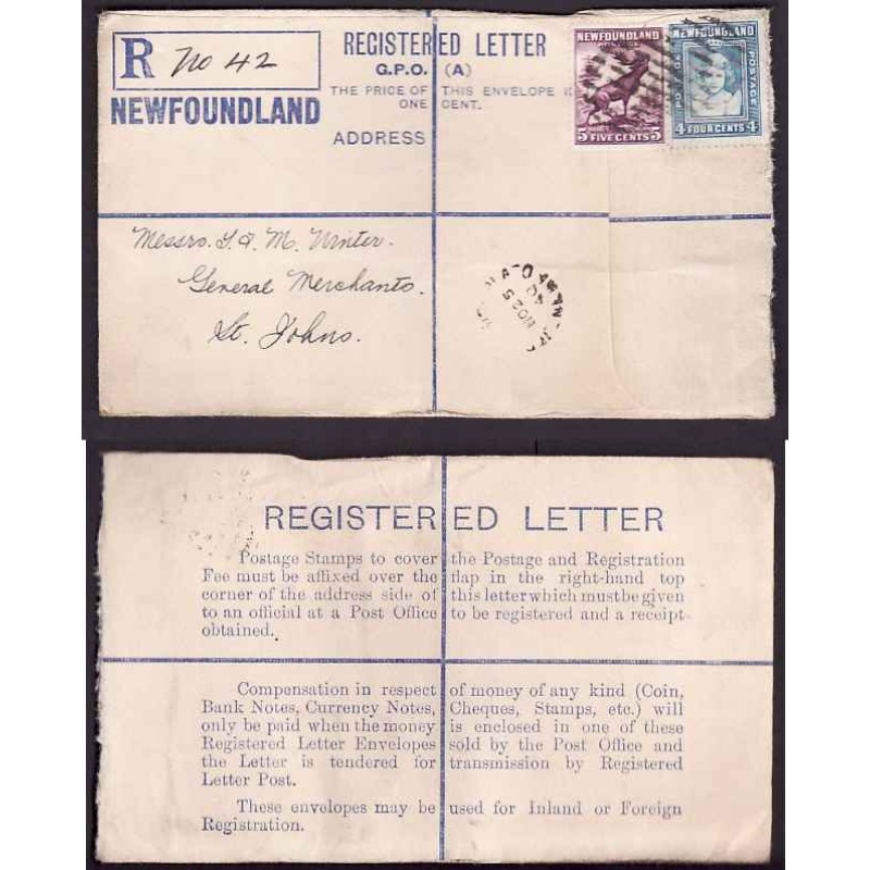 Newfoundland-#11273 - 5c Caribou + 4c Princess Elizabeth on registered envelope with r