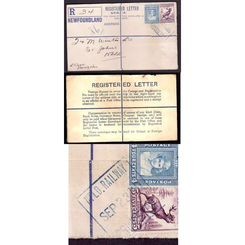 Newfoundland-#11293 - 5c Caribou + 4c Princess Elizabeth on registered envelope with