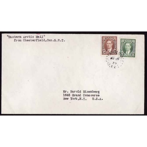 Canada-#11486 - 1c + 2c KGVI mufti - Chesterfield, NWT - Au 10 1939 - typed in