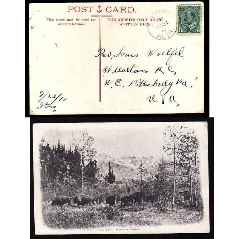 Canada-#11589 - 1c Edward on postcard to USA - Banff, Alta - Jul 22 1911  - view