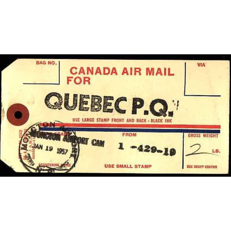 Canada-#11582 - Canada airmail bag tag from Moncton, NB Jan 19 1957 to Queb