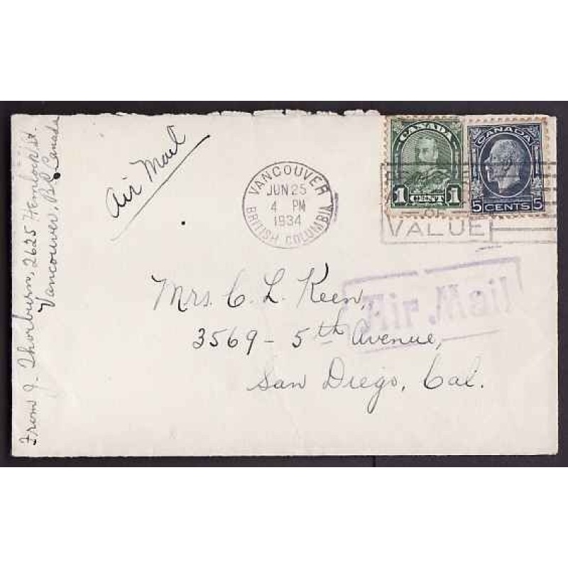 Canada-#9546 - 5c KGV medallion+1c KGV arch airmail to USA-Vancouver,BC-Jun 25 1934