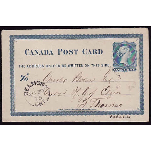 Canada- #11840 - 1c QV postal stationery - Elgin County - Belmont, Ont single br
