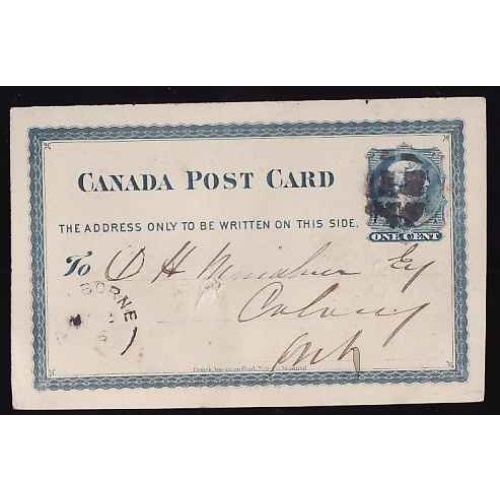 Canada-#11830 - 1c QV postal stationery-fancy cancel-Colborne, Ont single brok