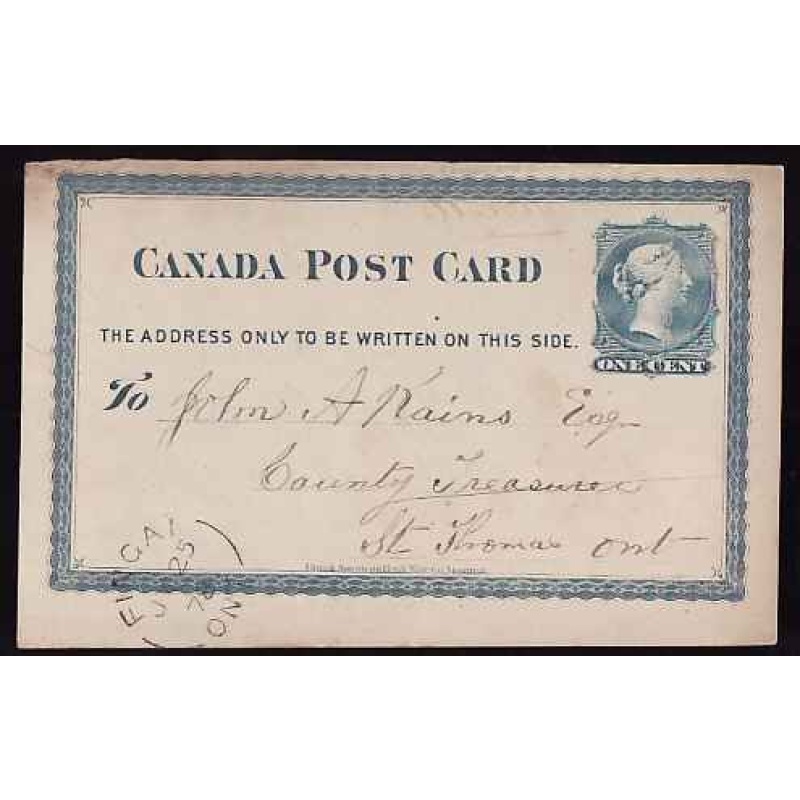 Canada- #11844 - 1c QV postal stationery - Elgin County - Fingal, Ont single broke