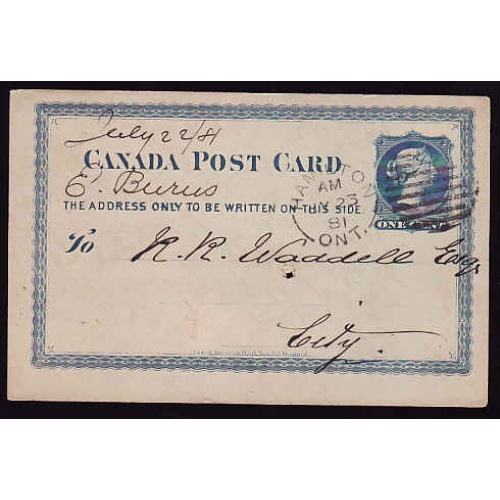 Canada- #11837 - 1c QV postal stationery - Wentworth County - Hamilton, Ont sin