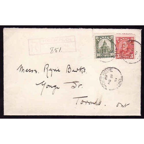 Canada-#11941 - 10c Library+3c KGV arch reg'd cover-Durham Cnty-Port Hope,On