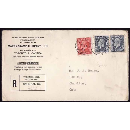 Canada-cover #12167-3c+5c(2) KGV regd-York Cnty-Toronto,Ont- Mr 14 1935-B/S