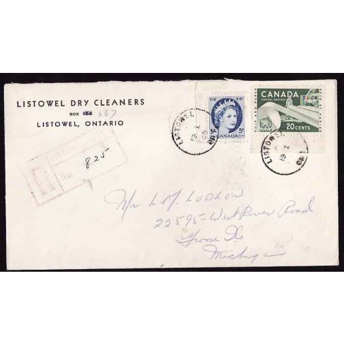 Canada-#12464 - 5c QEII Wilding + 20c Paper registered - Perth County - Listowel,