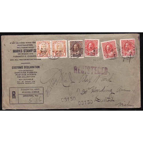 Canada-#12469 - 2c + 3c(3) Admirals + 1c(2) KGV scroll registered on a Marks Stamp