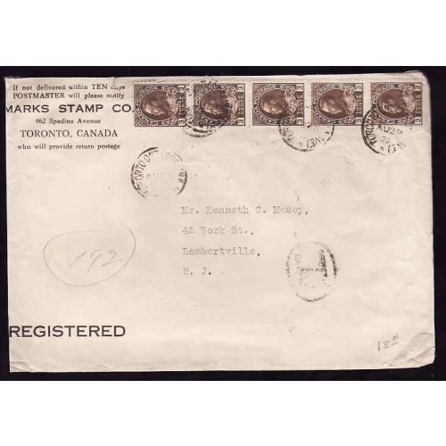 Canada-#12541 - 3c Admiral strip of 5 registered to USA - Toronto Ont, Spadina Ave