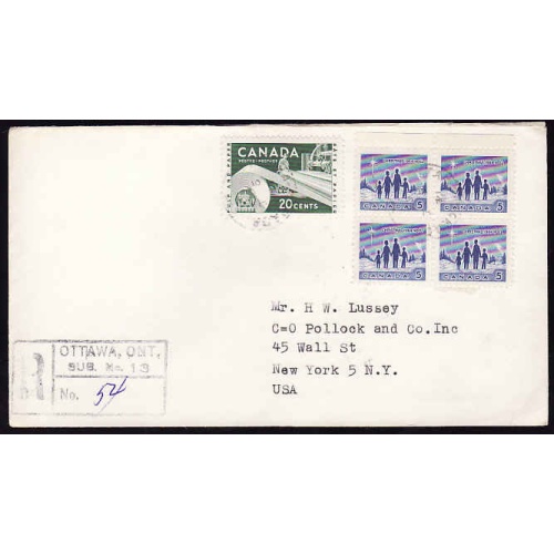 Canada-#12466 - 5c(block of 4) Christmas 1964 Noel + 20c Paper registered - Carleton