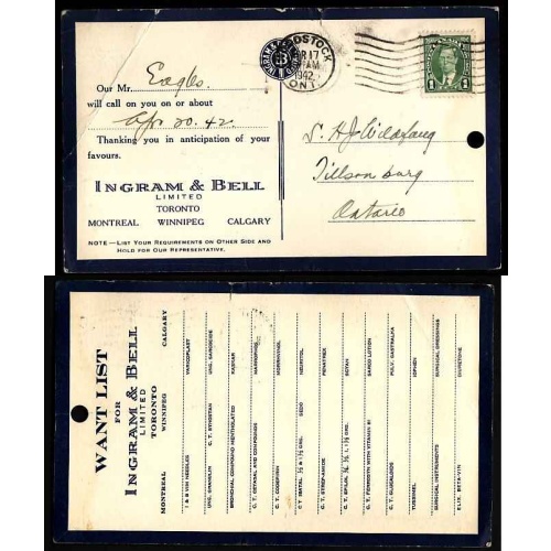 Canada-#12804 - 1c KGVI mufti on advertising card Ingram & Bell Limited - Oxford