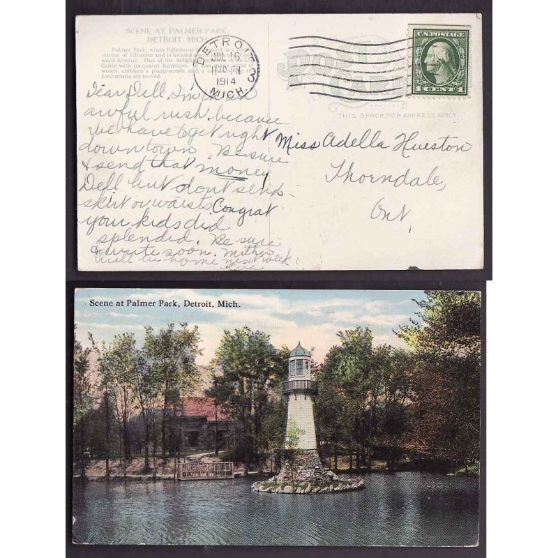 Canada-#12848-1c used p/c-Detroit,Mich-Jul 16 1914-Palmer Park lighthouse-