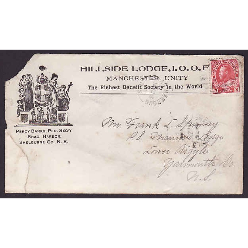 Canada-#13089 - 2c Admiral on an illustrated advertising cover "Hillside Lodge IOOF