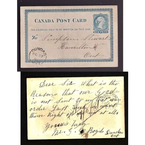 Canada-cover #11836-1c stationery-Wellington Cnty-Dundas,Ont single broken