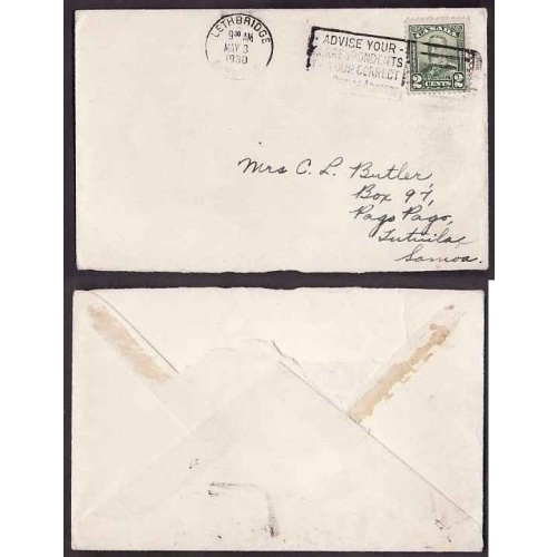 Canada-#9459-2c KGV scroll to Samoa-Lethbridge , Alberta - May 3 1930 -
