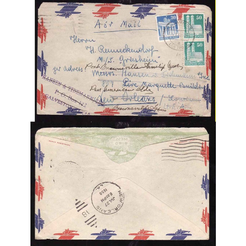 German-cover #10329 - Hamburg Luftpost-24 7 50-addressed to M/S Griesheim-re-directed