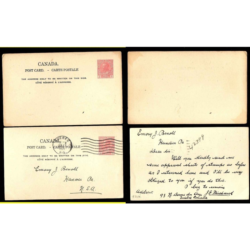 Canada-#12843-2c Admiral postal stationery-unused & used P33K-Quebec,QC Jan 17 1921-