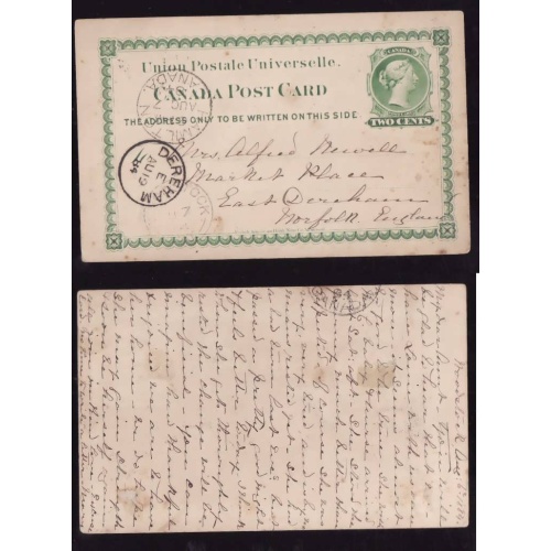 Canada-cover #13976-2c UPU-Woodstock,Ont-Au 7 1884-England-Dereham Au 19 1884-