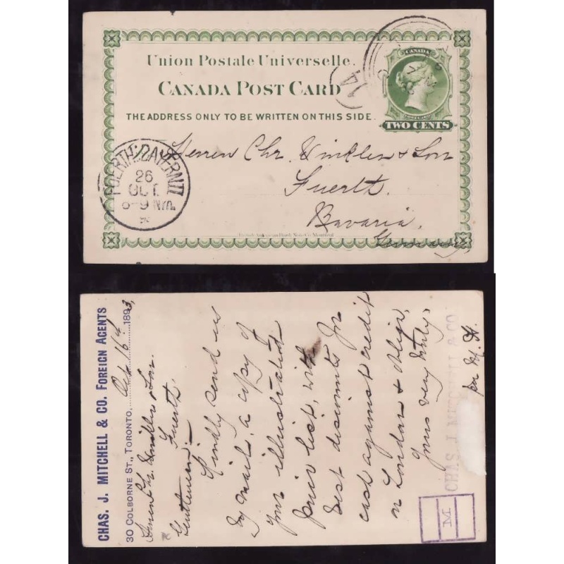 Canada-cover #13974-2c UPU-York Cnty-Toronto-Oct 6 1893-Germany-26 Oct-