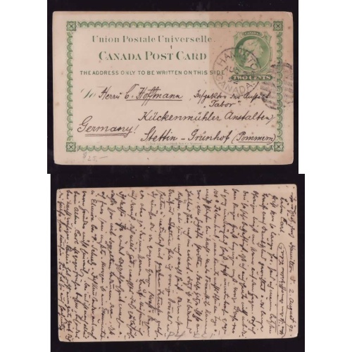 Canada-cover #13979-2c UPU card-Hamilton,Ont-Aug 2 1892-toning-