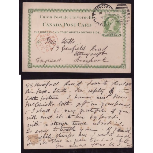 Canada-cover #13964-2c UPU-Toronto-De 10 1891-US Packet-Liverpool 20 D