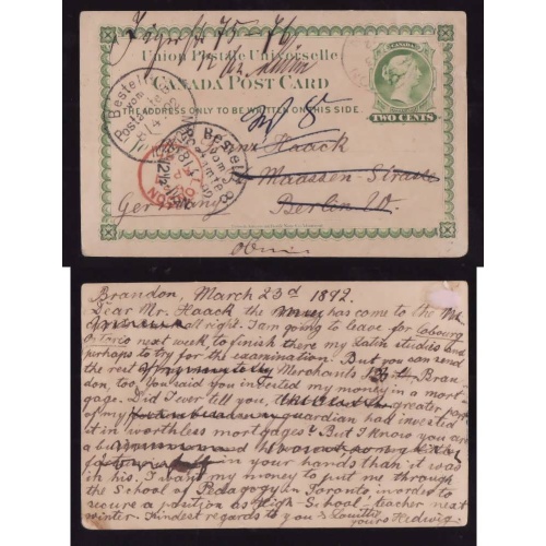 Canada-cover #13972-2c UPU card-Brandon, Man-Mr 23 1892-London transit