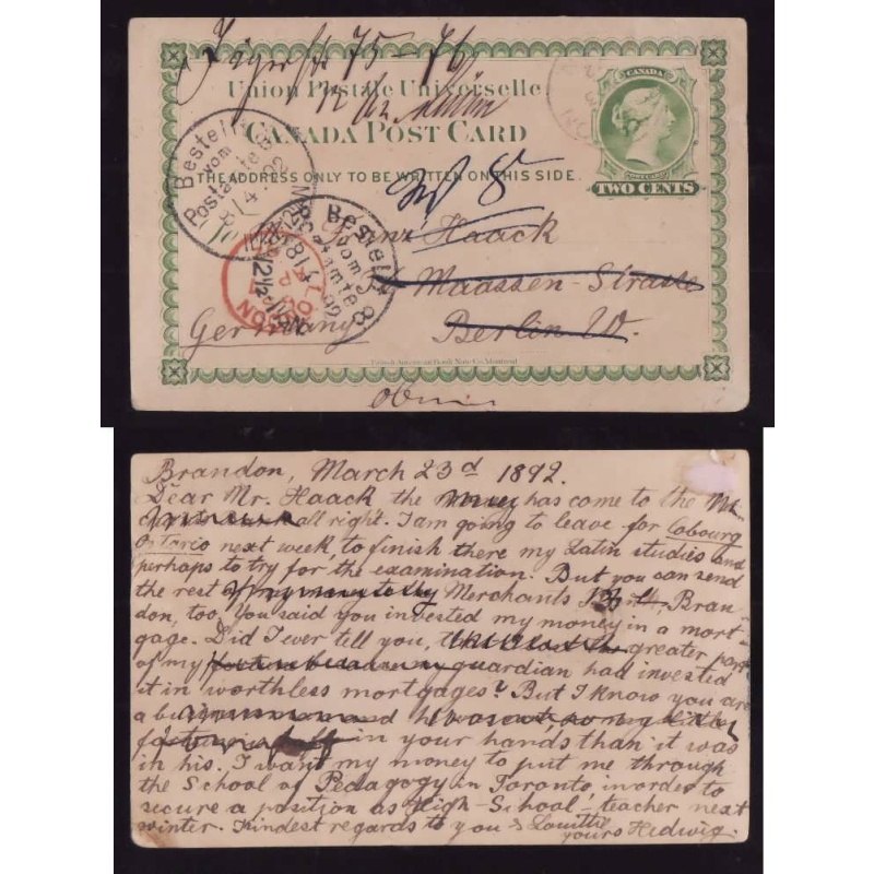 Canada-cover #13972-2c UPU card-Brandon, Man-Mr 23 1892-London transit