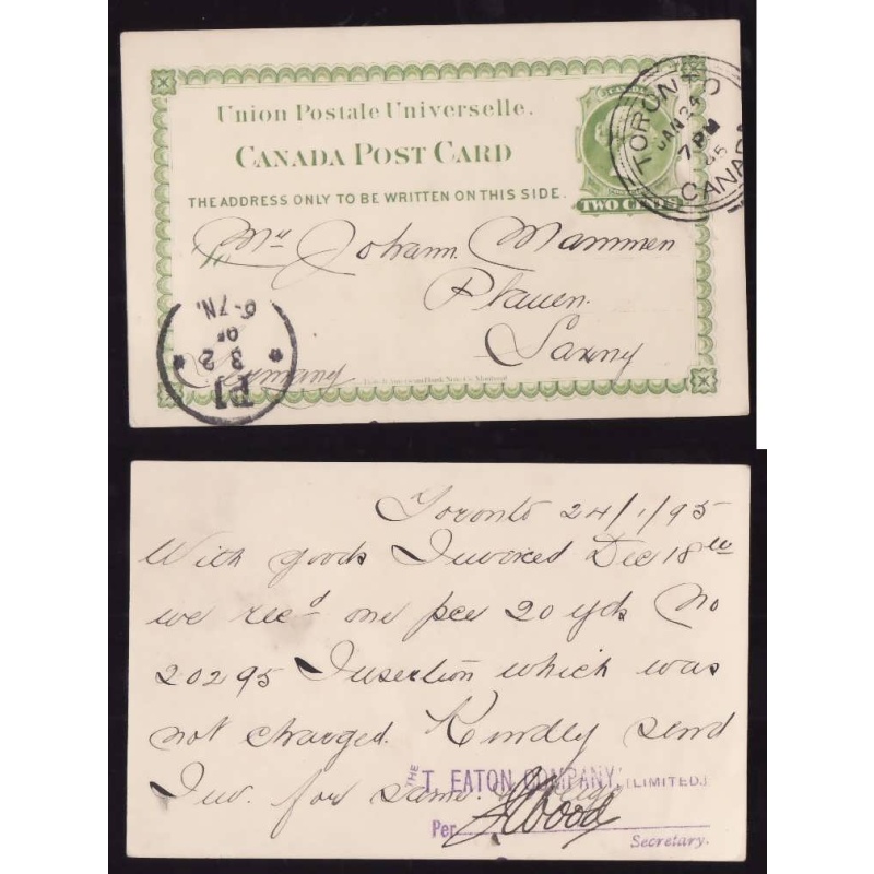 Canada-cover #13968-2c UPU-York-Toronto,Canada-Jan 24 1895-Germany-receiving-