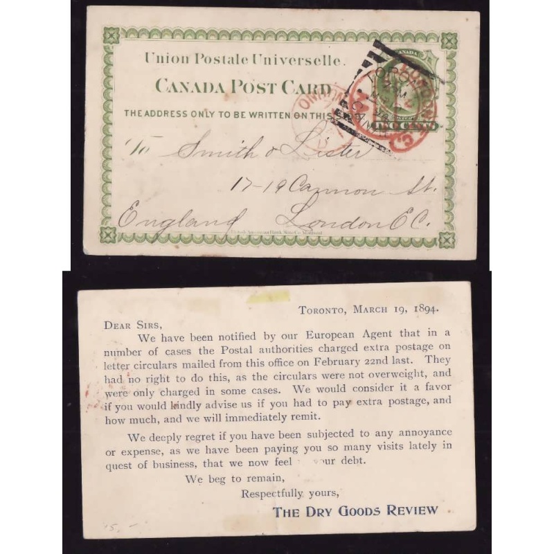 Canada-cover #13962-2c UPU-York Cnty-Toronto,Canada squared circle-Mr 19 1894